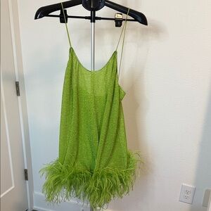 Oseree Green Mini Dress with Feather Trim